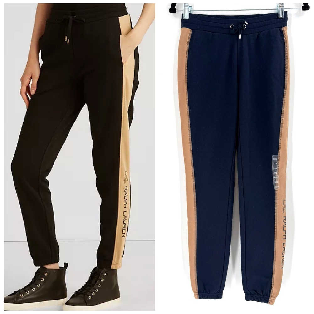 NWOT Lauren Ralph Lauren‎ Jogger Sweatpants Womens XXS Navy Tan Preppy Spell Out
